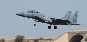 TO GO WITH AFP STORY BY IAN TIMBERLAKE A picture taken on November 16, 2015 shows a Saudi F-15 fighter jet landing at the Khamis Mushayt military airbase, some 880 km from the capital Riyadh, as the Saudi army conducts operations over Yemen.  AFP PHOTO / FAYEZ NURELDINE === PHOTO TAKEN DURING A GUIDED MILITARY TOUR === / AFP / FAYEZ NURELDINE        (Photo credit should read FAYEZ NURELDINE/AFP/Getty Images)